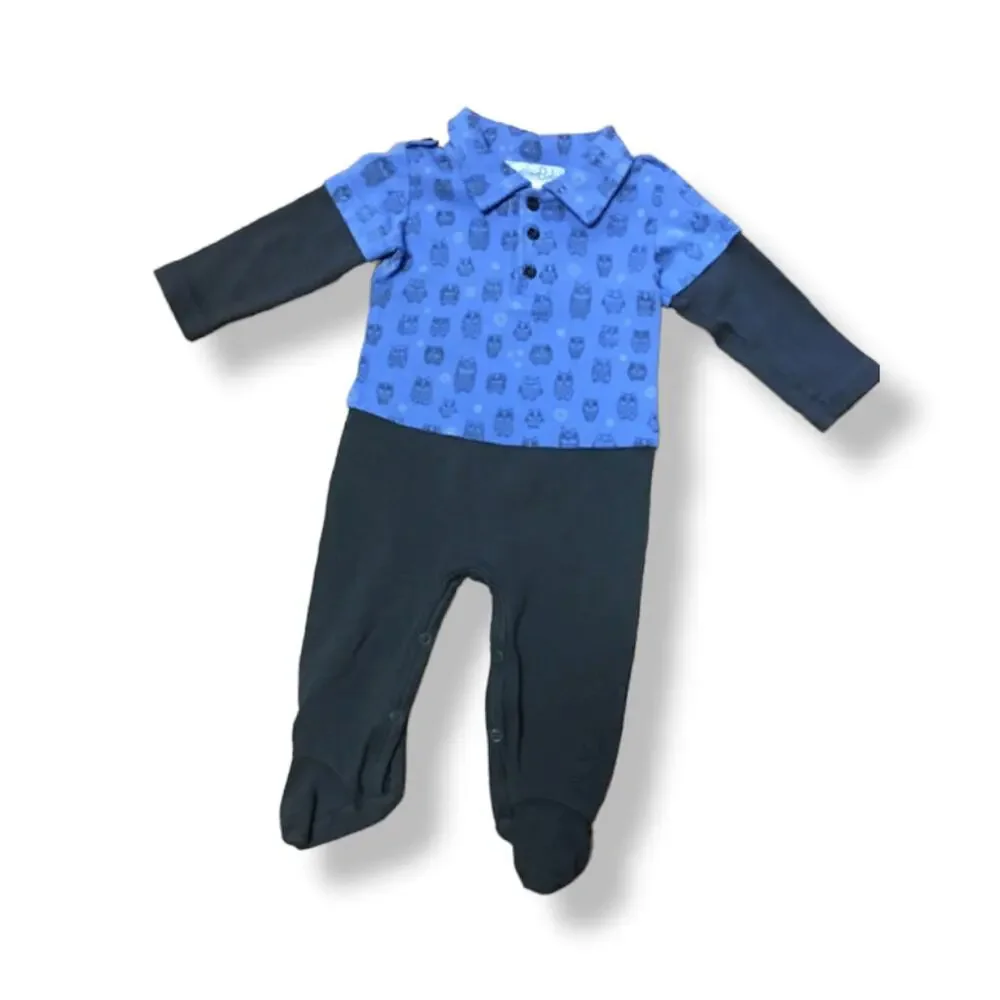 Feather Baby Boys Romper Size 3-6 Months Blue Gray‎ Owl Print Footed Feet